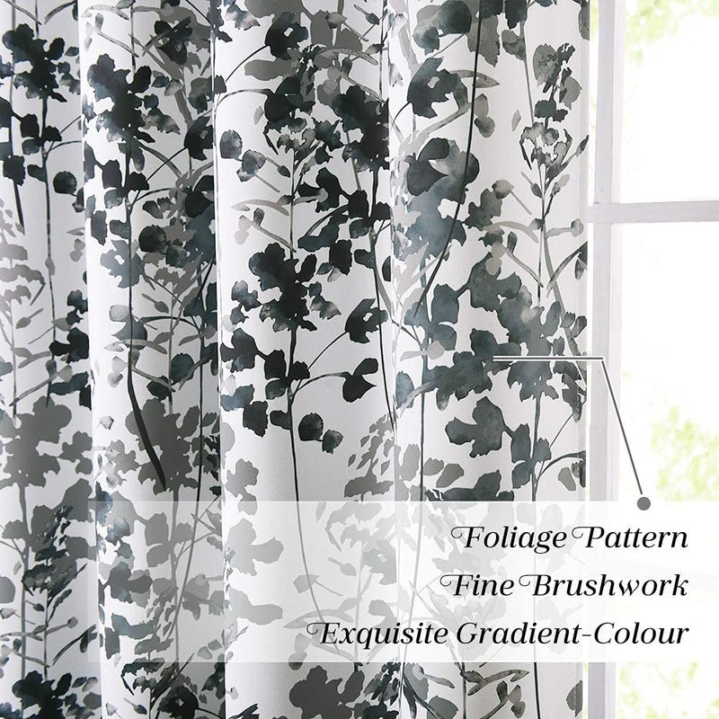 KGORGE Grey Curtains Blackout - Farmhouse Boho Window Treatmnet Privacy Watercolor Leaves Printed Curtains for Art Gallery Exhibition Living Room Kids Bedroom Office, W 52 x L 63 inch, 2 Panels - Image 4